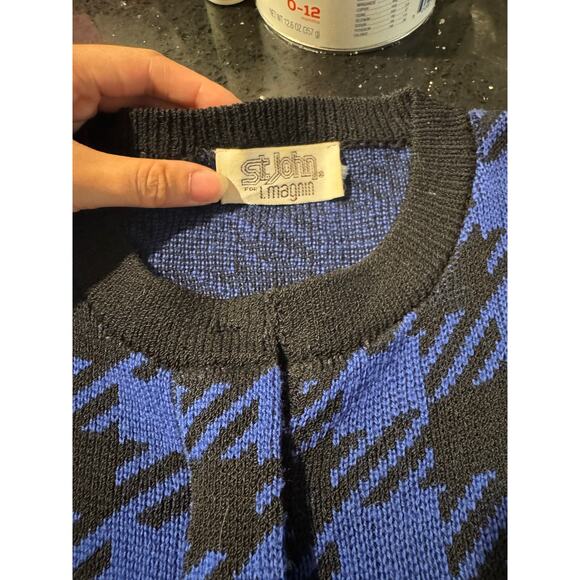 St. john for I.Magnin Vintage Blue Black Checkered Plaid Cardigan Sweater Small - Picture 6 of 12
